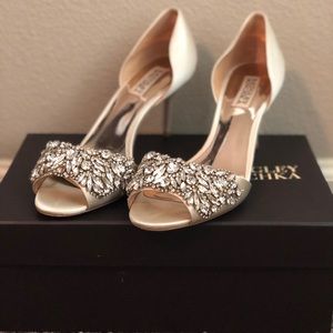 Badgley Mischka Satin Jeweled Peep-Toe d' Pumps